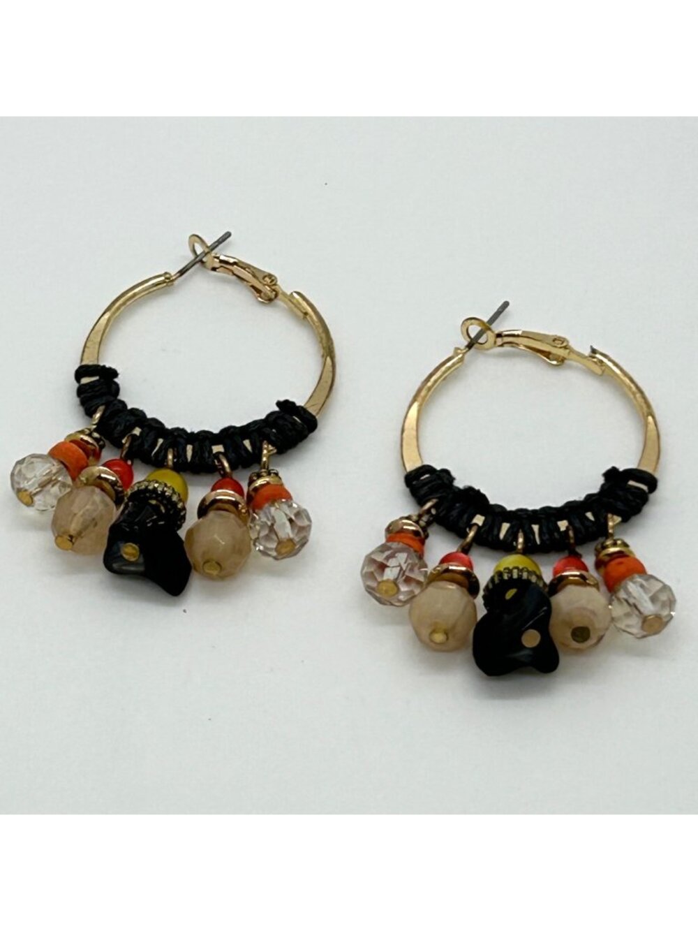 Boho Gold Tone Hoop Earrings With Beaded Dangle Charm Black Cord Wrap Ethnic